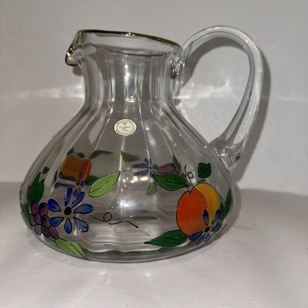 ‘Crystal Clear’ Pitcher - Hand Painted Fruit And Flowers, 22k Gold Painted Rim